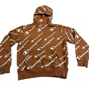 CHAMPION Burnt Orange All-Over Logo Graphic Print Fleece Hoodie Sweatshirt MED